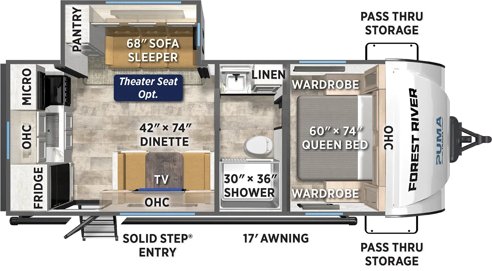 The Puma Tracks 237RK floorplan has one entry and one slide out. Exterior features include: fiberglass exterior and 17' awning. Interiors features include: rear kitchen, front bedroom and pass through bathroom.