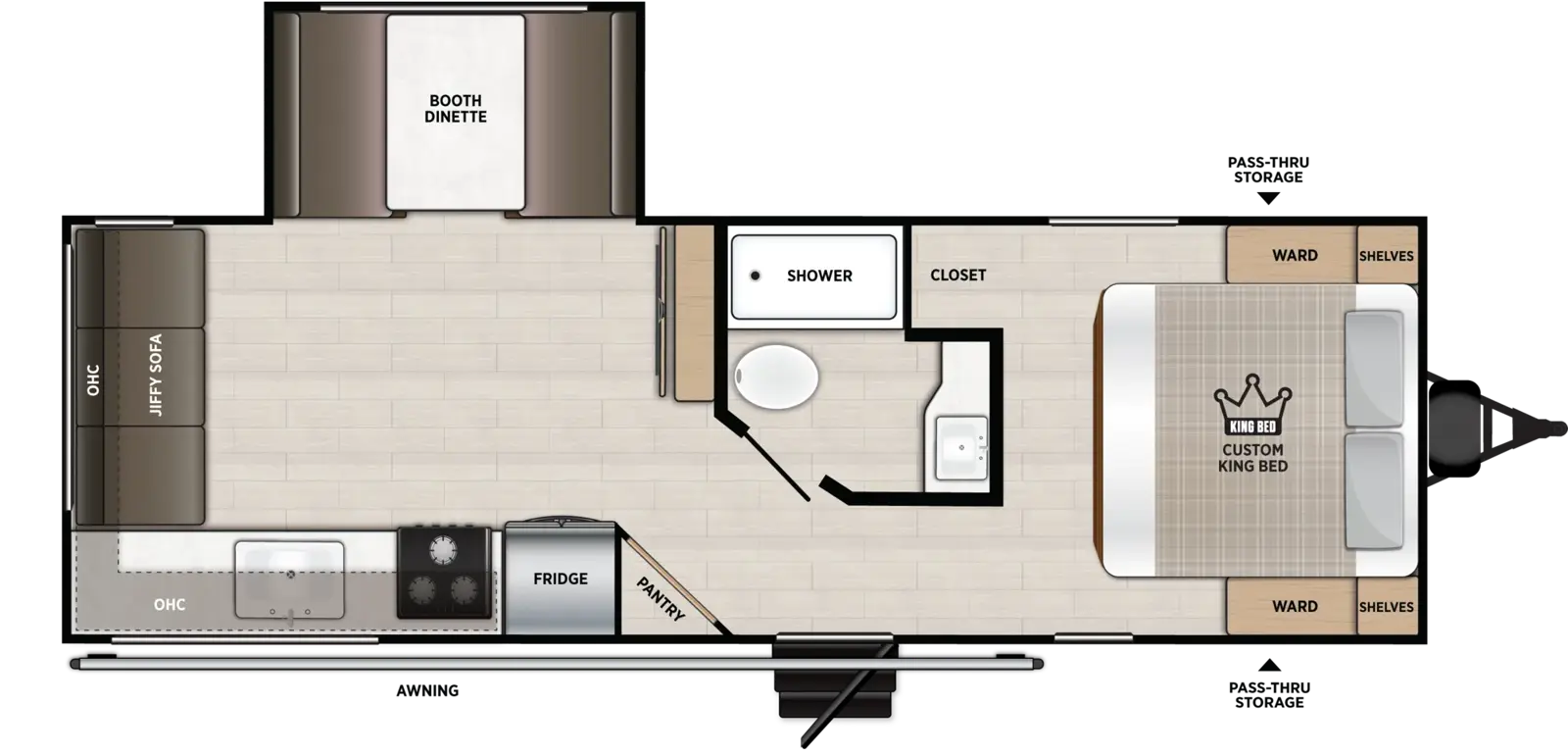 The Cruise Lite 25RLXL floorplan has one entry and one slide out. Exterior features include: metal exterior. Interiors features include: front bedroom.
