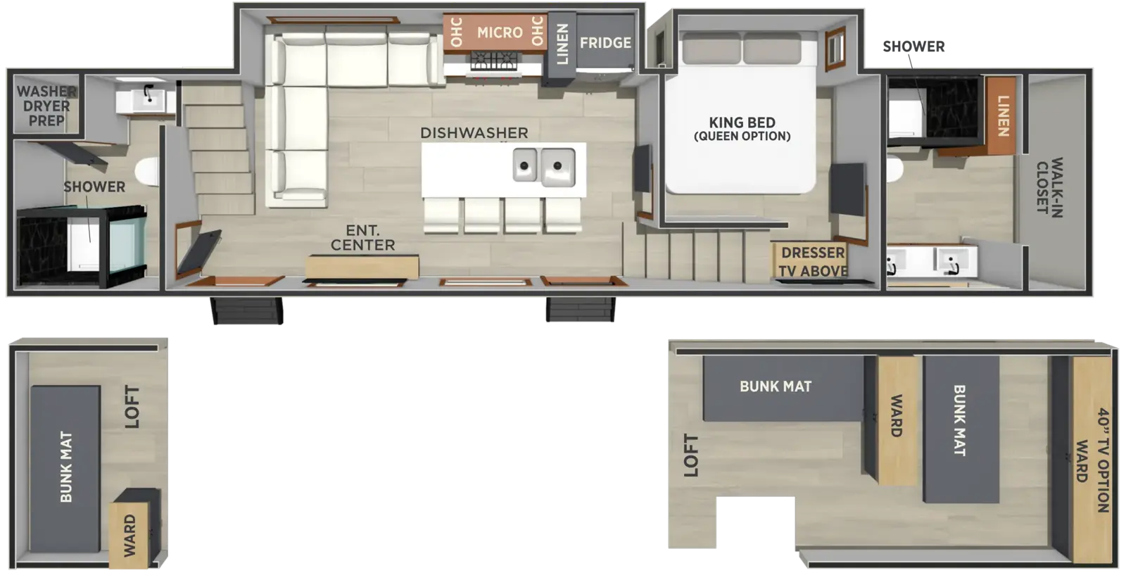 The Lost Pines CYPRESS floorplan has two entries and two slide outs. Exterior features include: fiberglass exterior. Interiors features include: loft, kitchen island, rear bathroom and two full bathrooms.