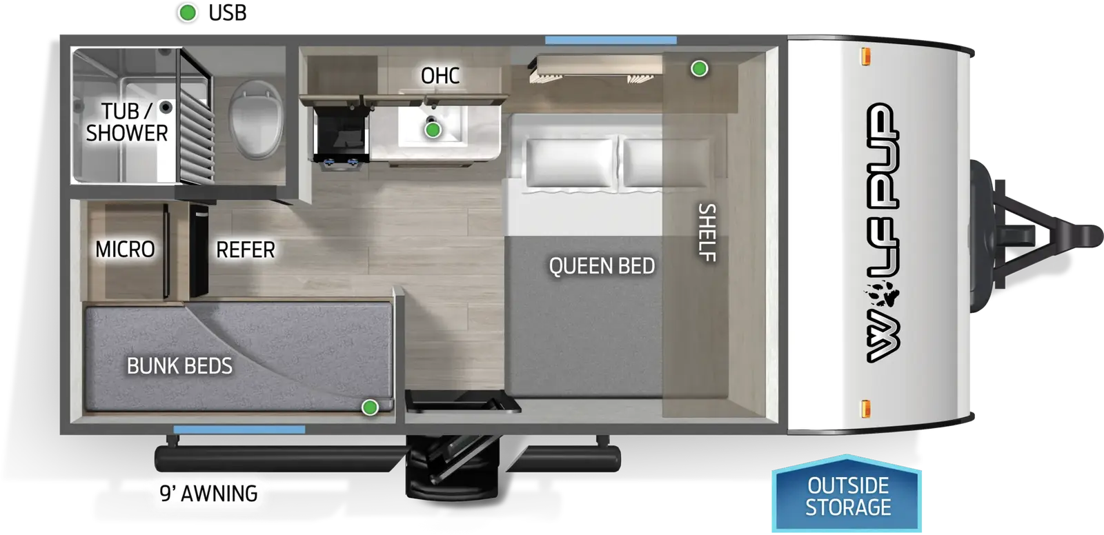 The Wolf Pup 14BHLP floorplan has one entry and zero slide outs. Exterior features include: metal exterior and 9' awning. Interiors features include: bunk beds and front bedroom.