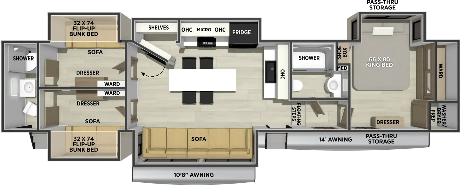 The Sierra Fifth Wheels 3903B2B floorplan has two entries and five slide outs. Exterior features include: fiberglass exterior and 10'8" & 14' awning. Interiors features include: bunk beds, kitchen island, front bedroom, rear bathroom and two full bathrooms.
