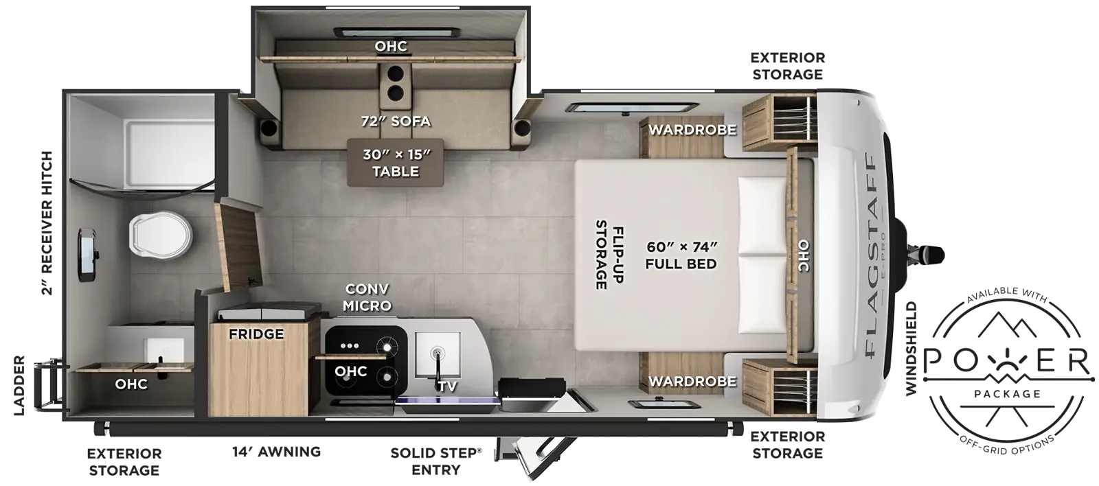 The Flagstaff E-Pro E201SFB floorplan has one entry and one slide out. Exterior features include: fiberglass exterior and 14' awning. Interiors features include: front bedroom and rear bathroom.