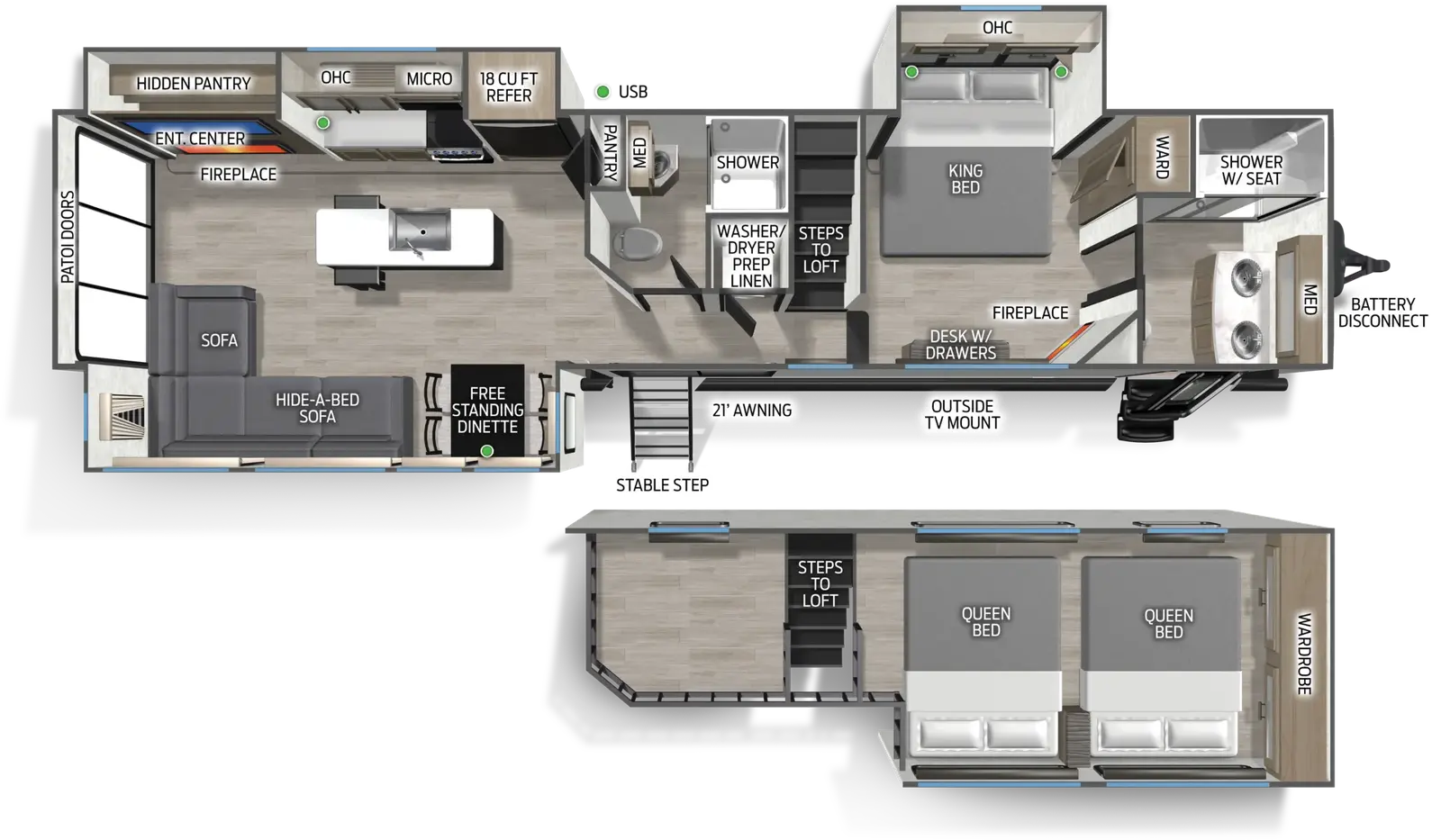 The Cascade 391RLC floorplan has two entries and two slide outs. Exterior features include: metal exterior and 21' awning. Interiors features include: loft, kitchen island, free-standing dinette option and rear living.