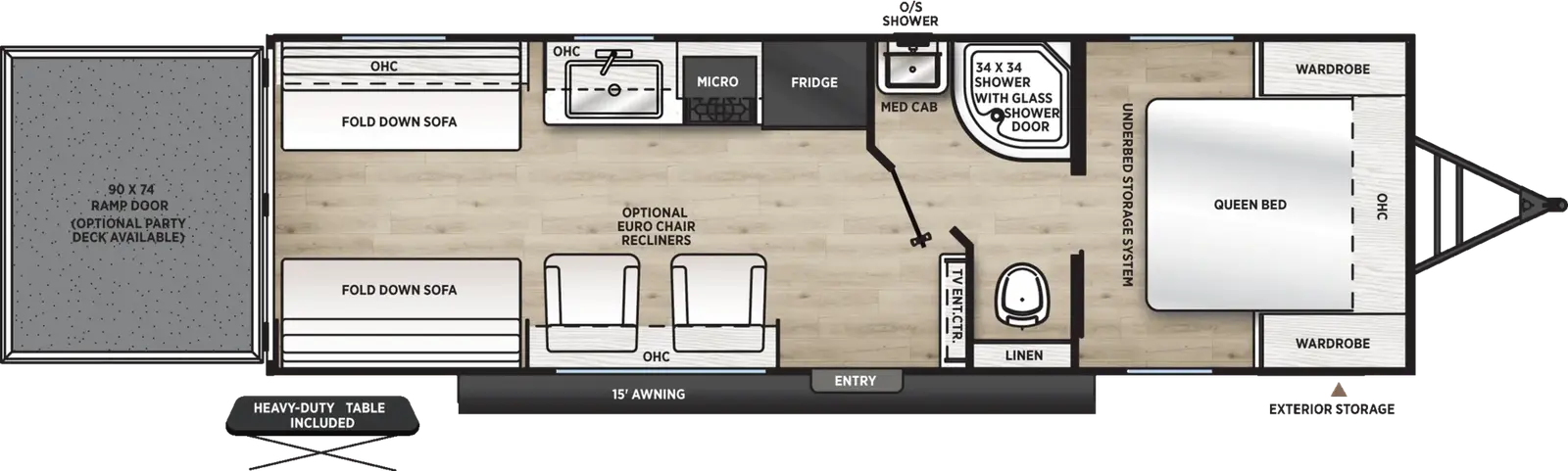The Viking Travel Trailers 25TH floorplan is a toy hauler that has one entry and zero slide outs. Exterior features include: metal exterior and 15' awning. Interiors features include: front bedroom and pass through bathroom.