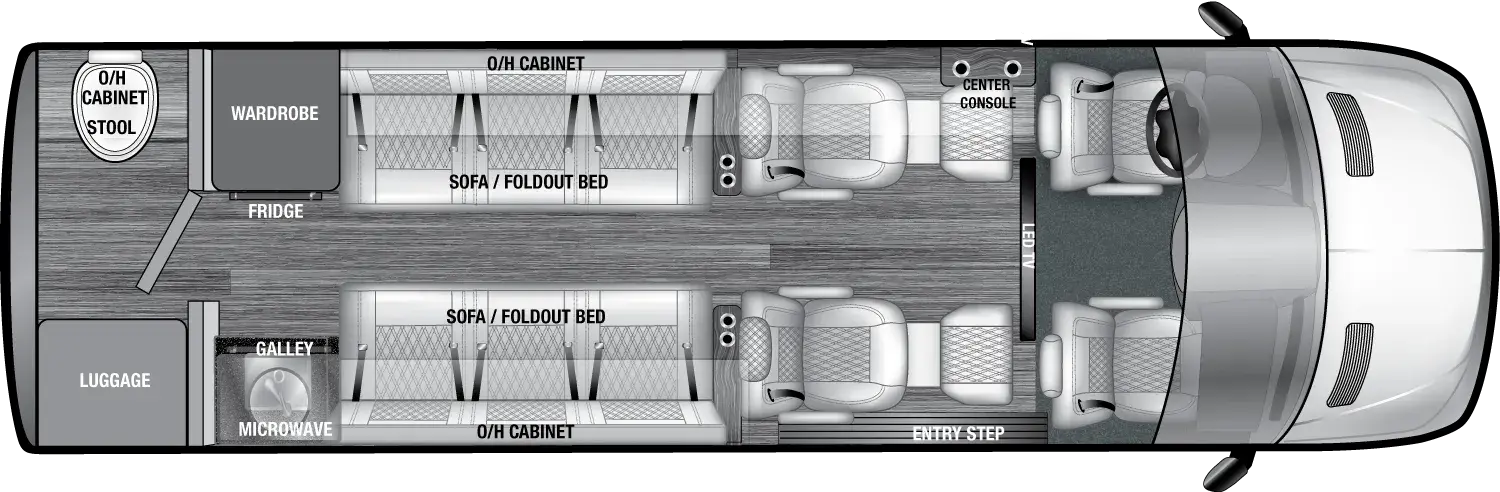 The VCRUISE 10OBW floorplan has one entry and zero slide outs. Exterior features include: 8' 2" awning. Interiors features include: rear bathroom and captain chairs.