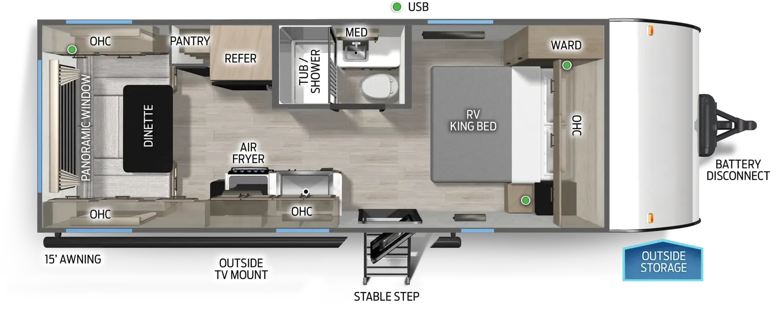The Cascade 201RDUC floorplan has one entry and zero slide outs. Exterior features include: metal exterior and 15' awning. Interiors features include: u-dinette and front bedroom.