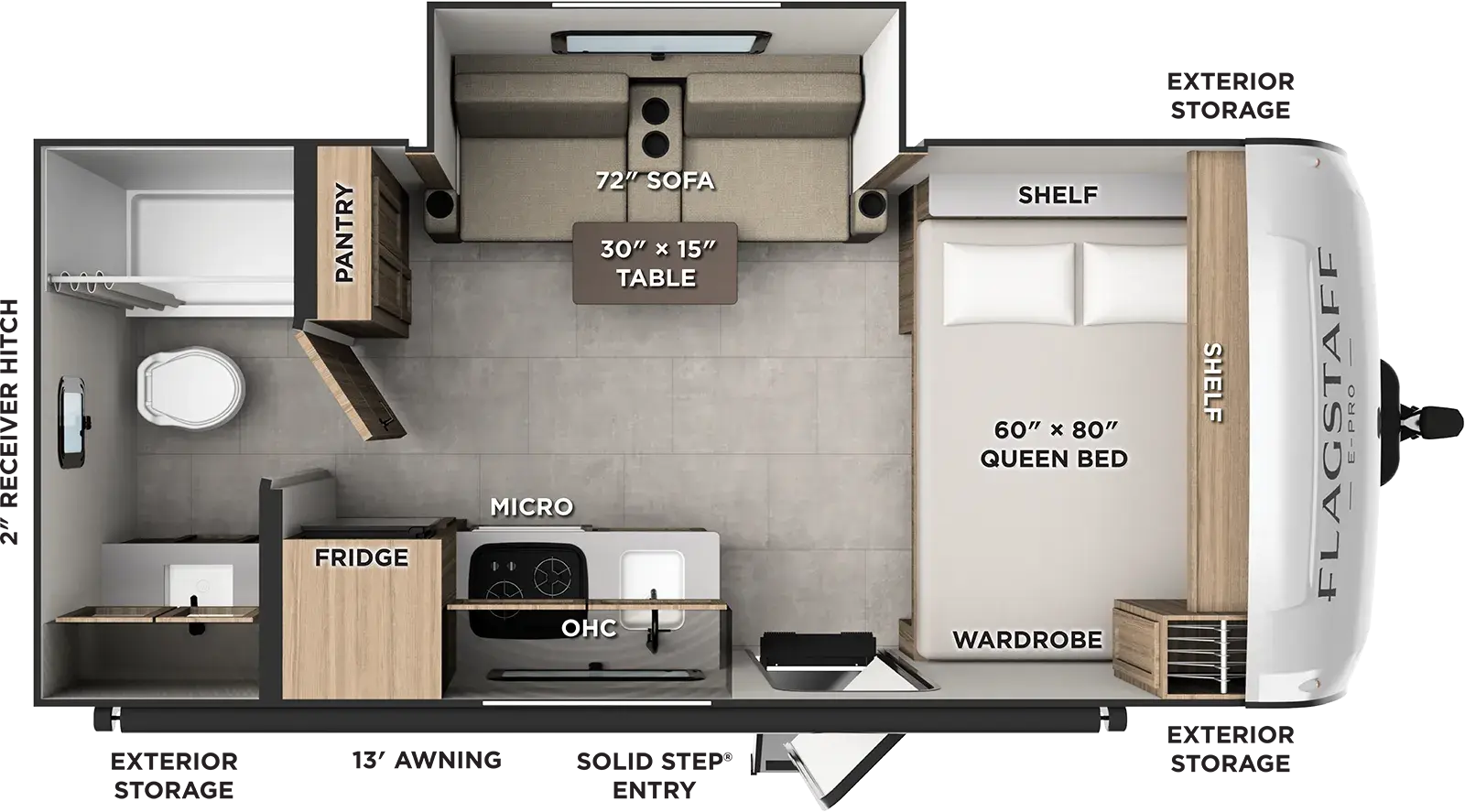 The Flagstaff E-Pro E171SLE floorplan has one entry and one slide out. Exterior features include: fiberglass exterior and 13' awning. Interiors features include: front bedroom and rear bathroom.