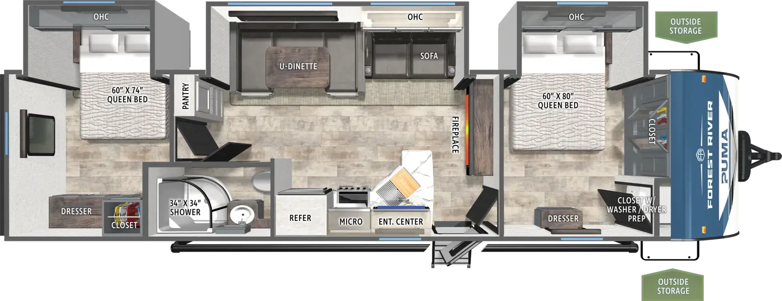 The Puma 32RBFQ2 floorplan has one entry and three slide outs. Exterior features include: metal exterior and 21' awning. Interiors features include: u-dinette, front bedroom, rear bedroom and two bedrooms.