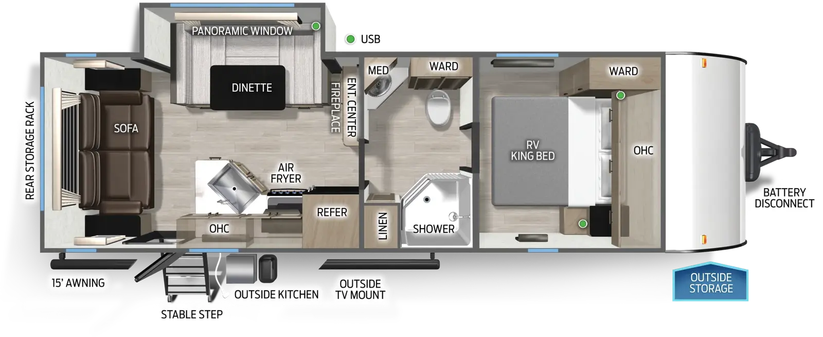 The Cascade 231RLC floorplan has one entry and one slide out. Exterior features include: metal exterior, 15' awning and outside kitchen. Interiors features include: u-dinette, front bedroom, rear living and pass through bathroom.