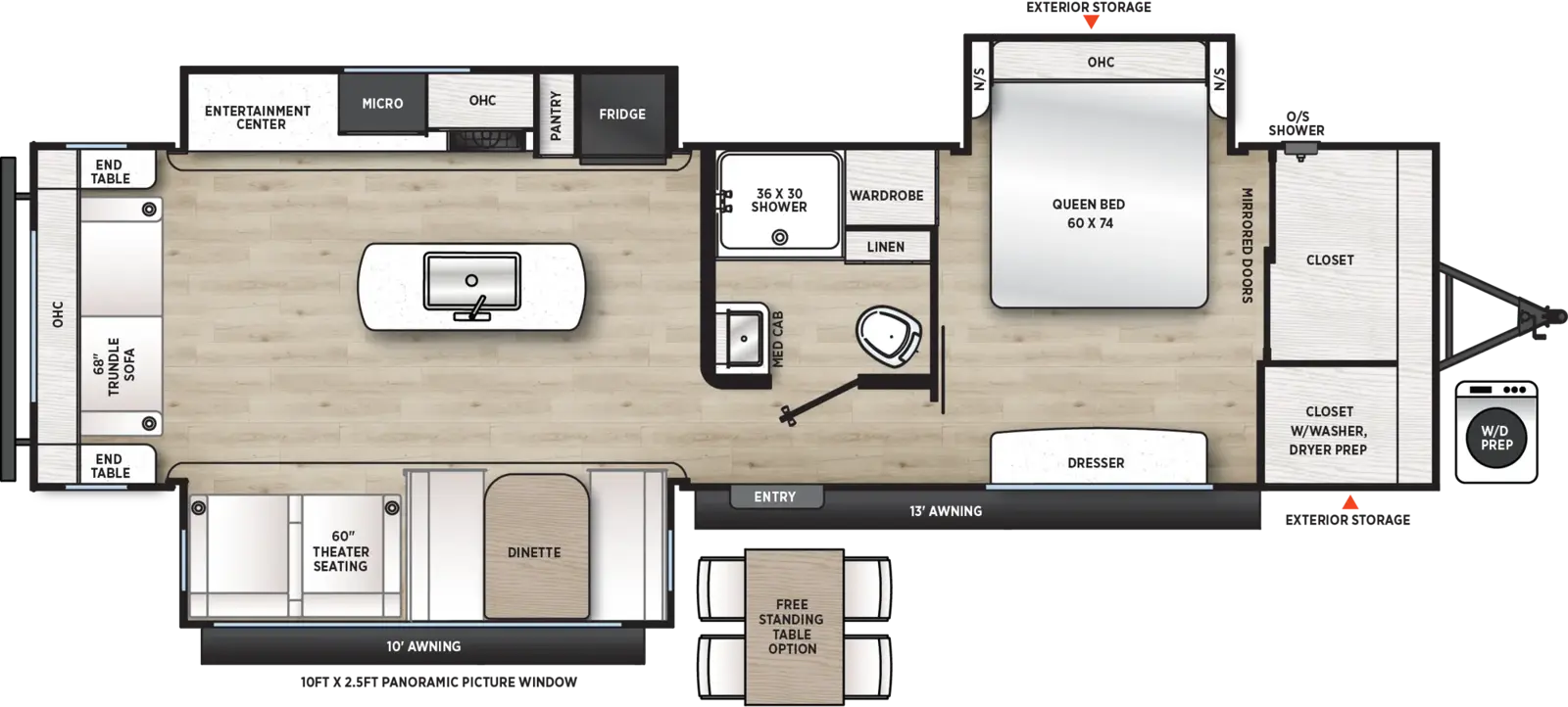 The Aurora 32RLTS floorplan has one entry and three slide outs. Exterior features include: metal exterior and 10' & 13' awning. Interiors features include: kitchen island, free-standing dinette option, front bedroom and rear living.