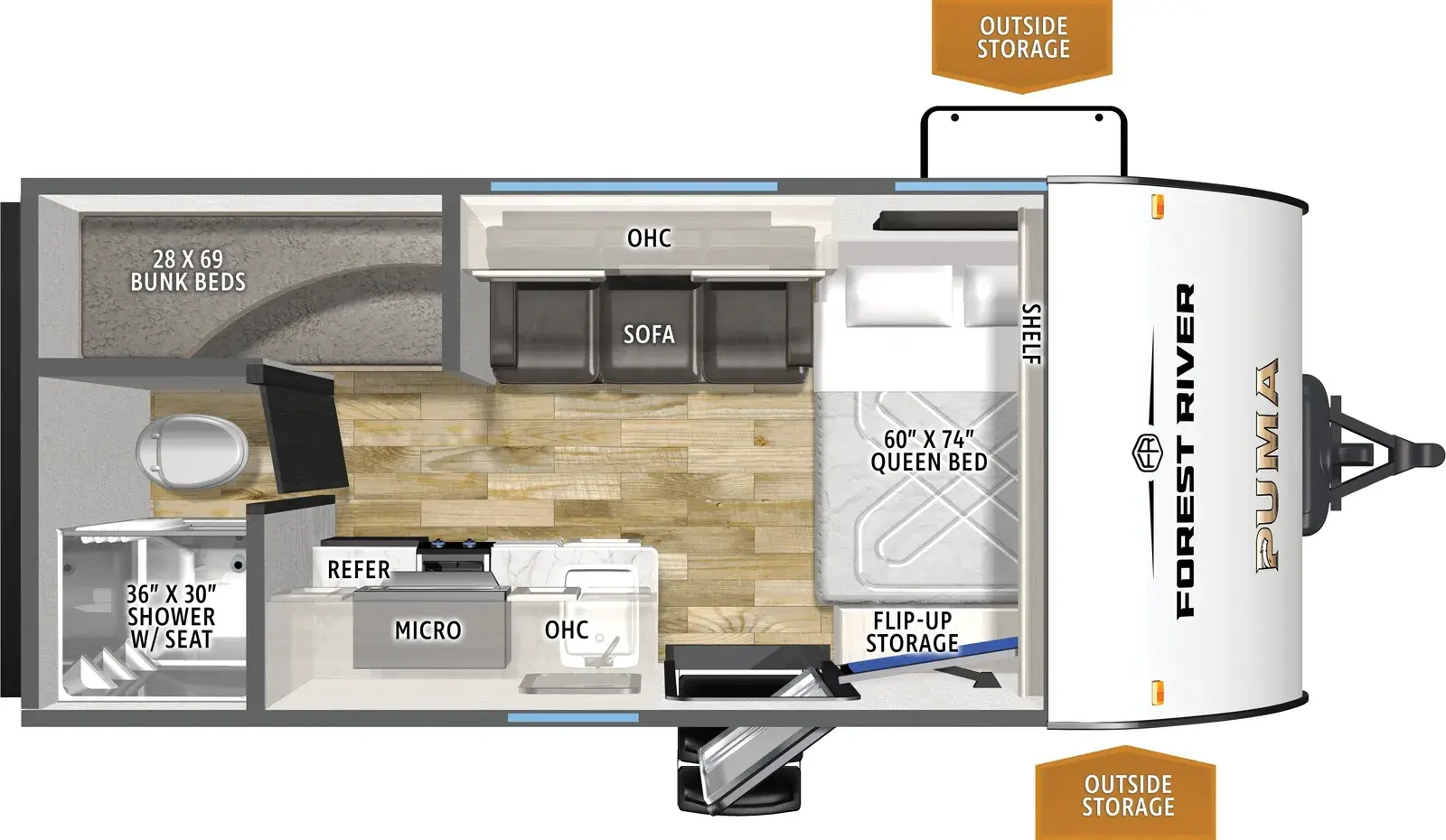 The Puma Camping Edition 16BHCE floorplan has one entry and zero slide outs. Exterior features include: metal exterior and 12' awning. Interiors features include: bunk beds and front bedroom.