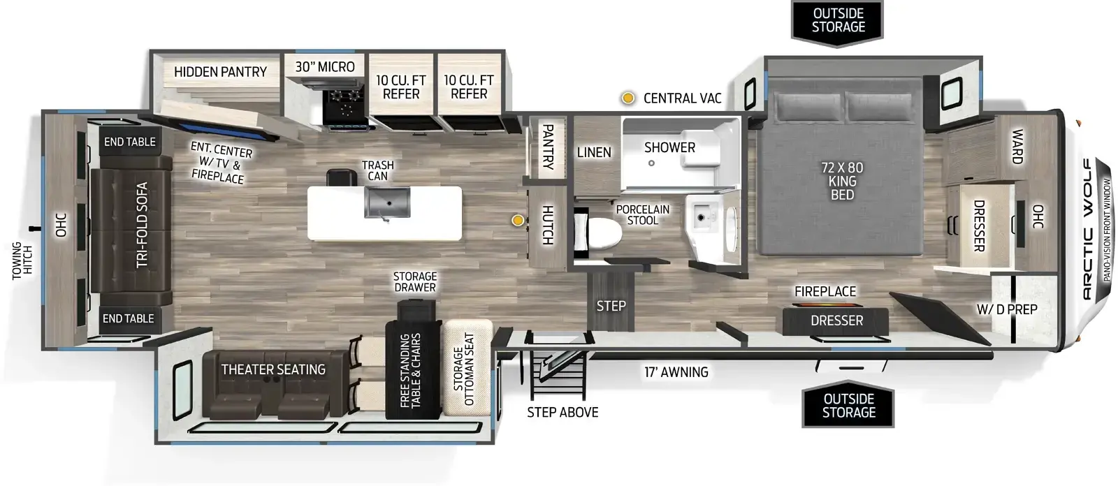 The Arctic Wolf 3250SUITE floorplan has one entry and three slide outs. Exterior features include: fiberglass exterior and 17' awning. Interiors features include: kitchen island, free-standing dinette option, front bedroom and rear living.