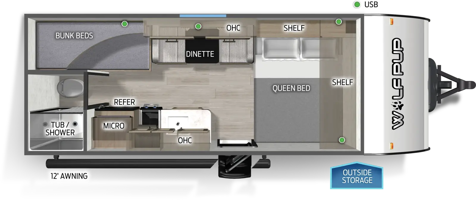 The Wolf Pup 16LP floorplan has one entry and zero slide outs. Exterior features include: metal exterior and 12' awning. Interiors features include: bunk beds and front bedroom.