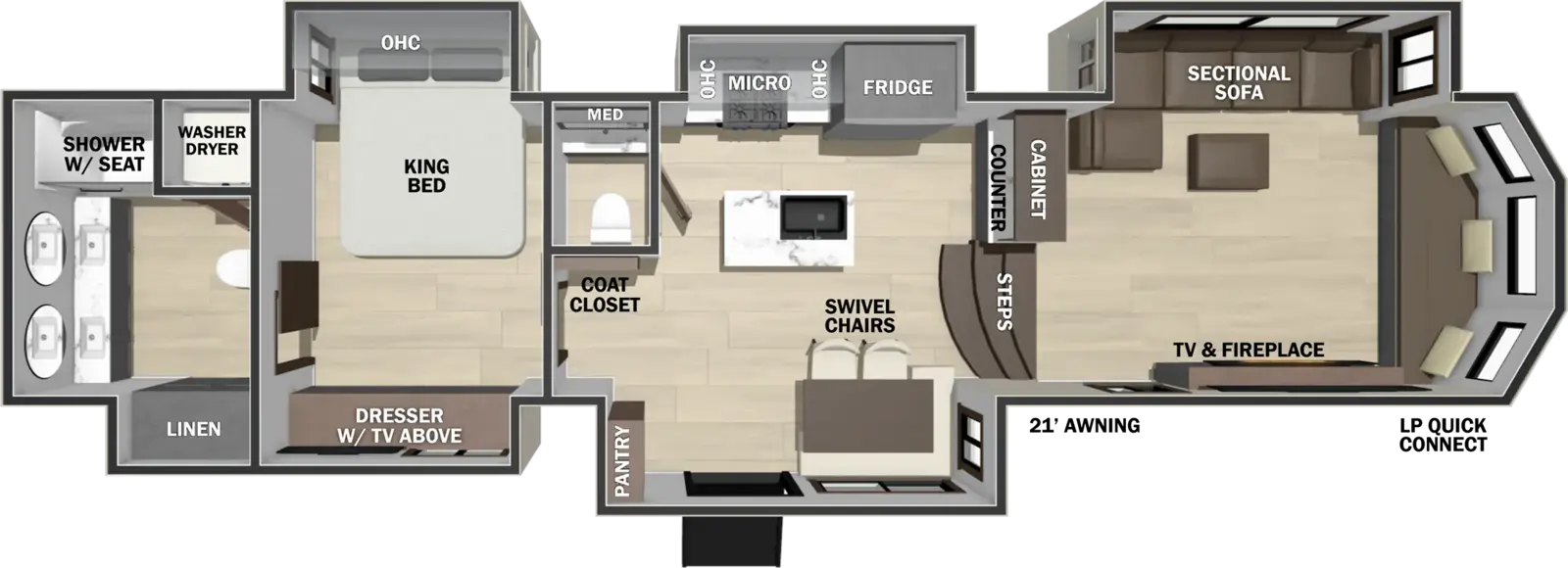 The Cedar Creek Cottage Fifth Wheels 413FWC floorplan has one entry and five slide outs. Exterior features include: fiberglass exterior and 21' awning. Interiors features include: kitchen island, front living, rear bathroom and bathroom and a half.