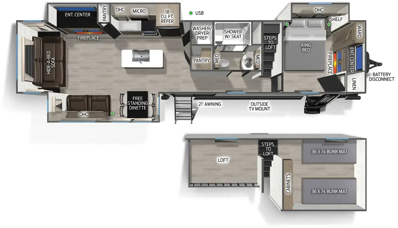 The Cherokee Black Label 39DLBL floorplan has two entries and three slide outs. Exterior features include: fiberglass exterior and 21' awning. Interiors features include: loft, kitchen island, free-standing dinette option, front bedroom and rear living.