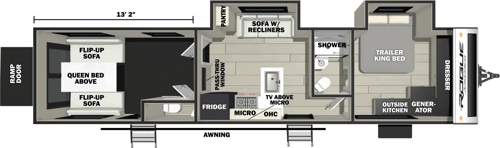 The Vengeance Rogue Armored Travel Trailers 32L132 floorplan is a toy hauler that has two entries and two slide outs. Exterior features include: fiberglass exterior, 18' awning and outside kitchen. Interiors features include: front bedroom and bathroom and a half.