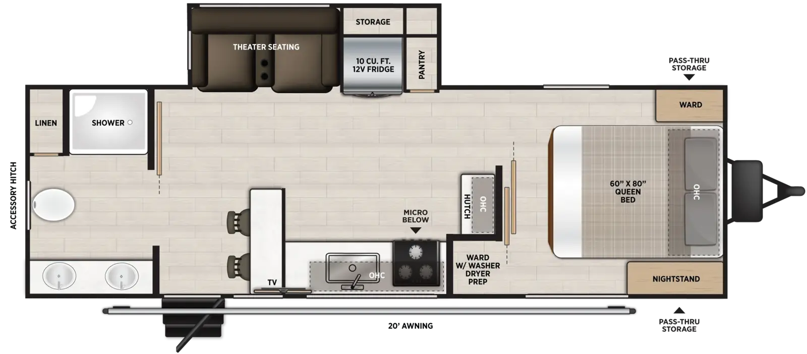 The Heritage Glen Travel Trailers 24RBHL floorplan has one entry and one slide out. Exterior features include: fiberglass exterior and 20' awning. Interiors features include: front bedroom and rear bathroom.