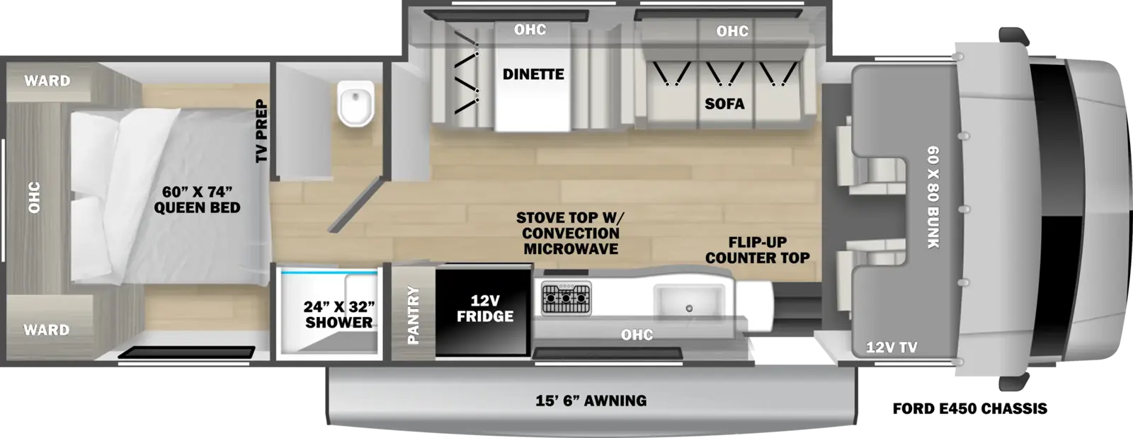 The Solera 2852SF floorplan has one entry and one slide out. Exterior features include: 15'6" awning. Interiors features include: rear bedroom, pass through bathroom, bunk over cab and dinette.