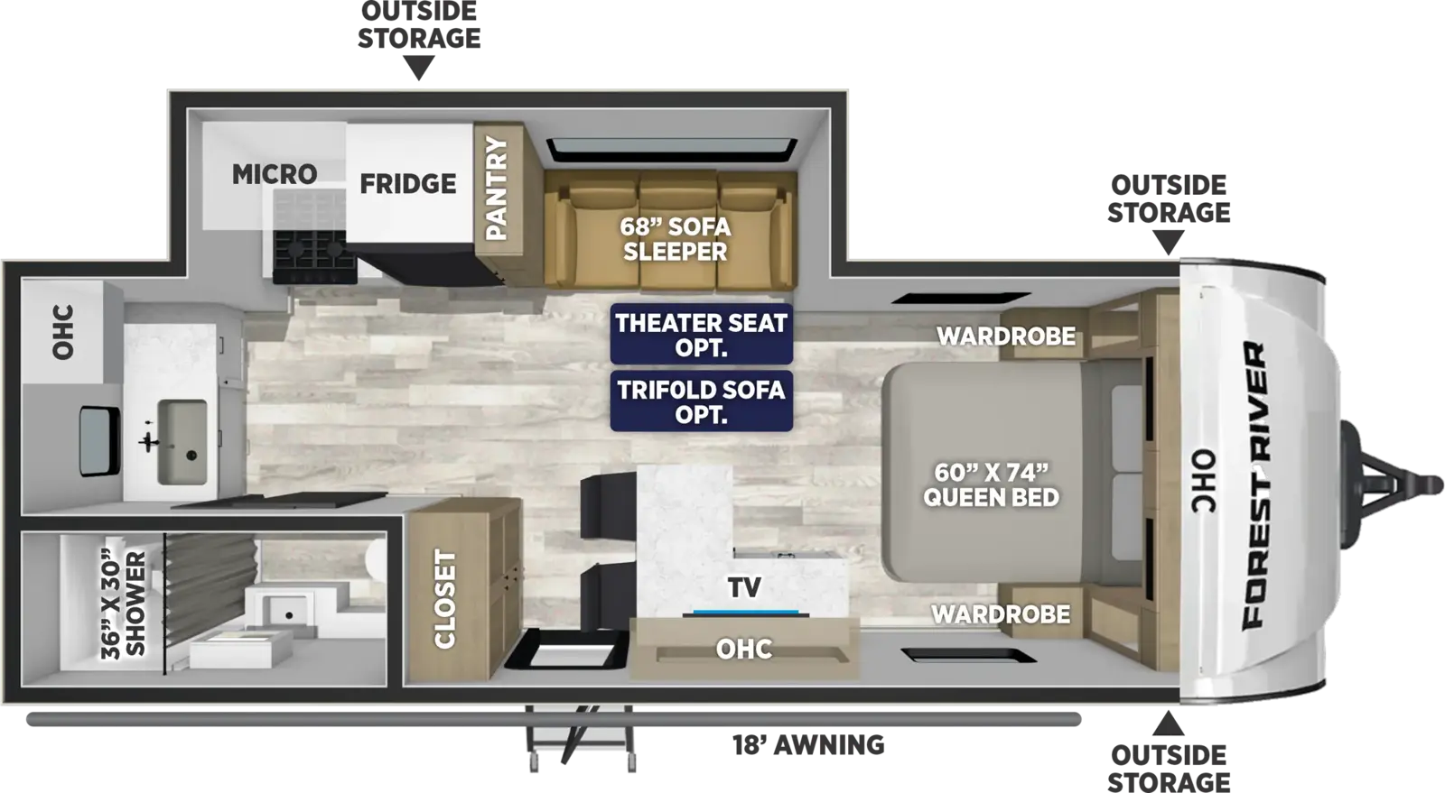 The Solaire 241RKS floorplan has one entry and one slide out. Exterior features include: fiberglass exterior and 18' awning. Interiors features include: front bedroom.
