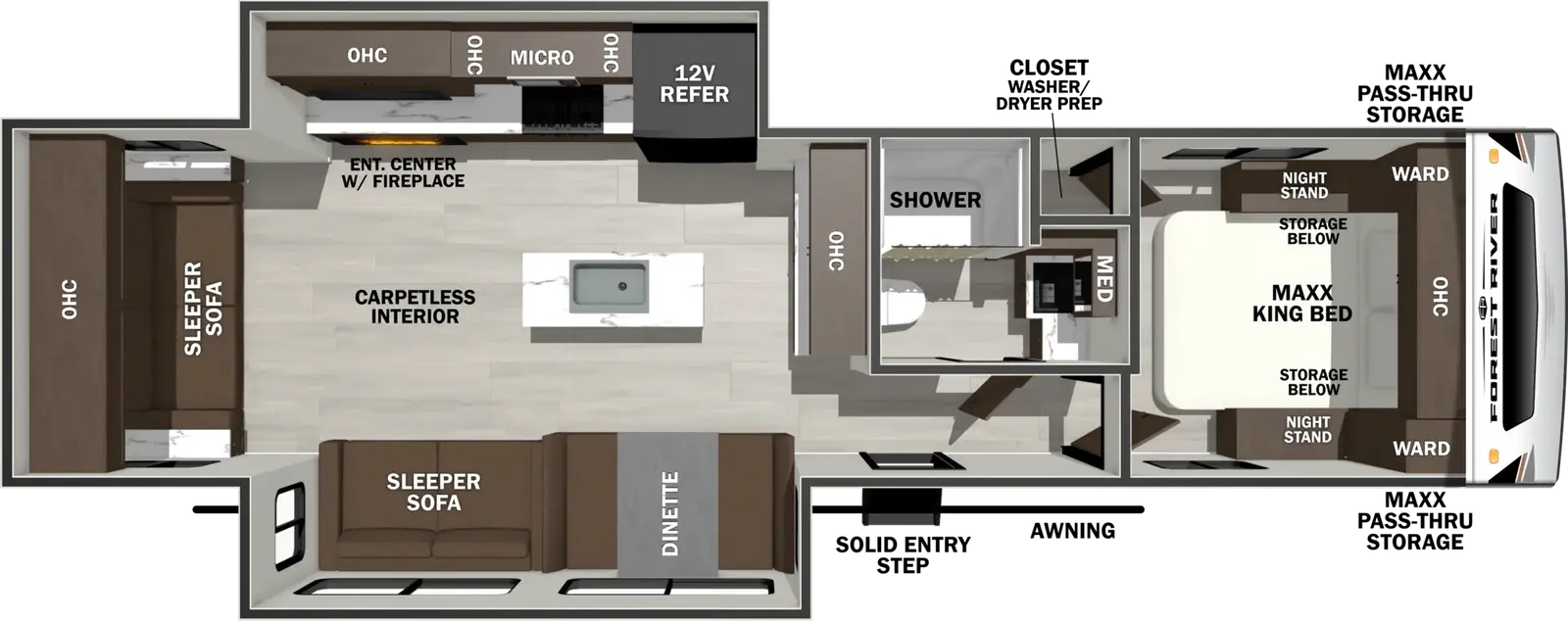 The Wildcat Travel Trailers 278RLX floorplan has one entry and two slide outs. Exterior features include: fiberglass exterior and 20' awning. Interiors features include: kitchen island, front bedroom and rear living.