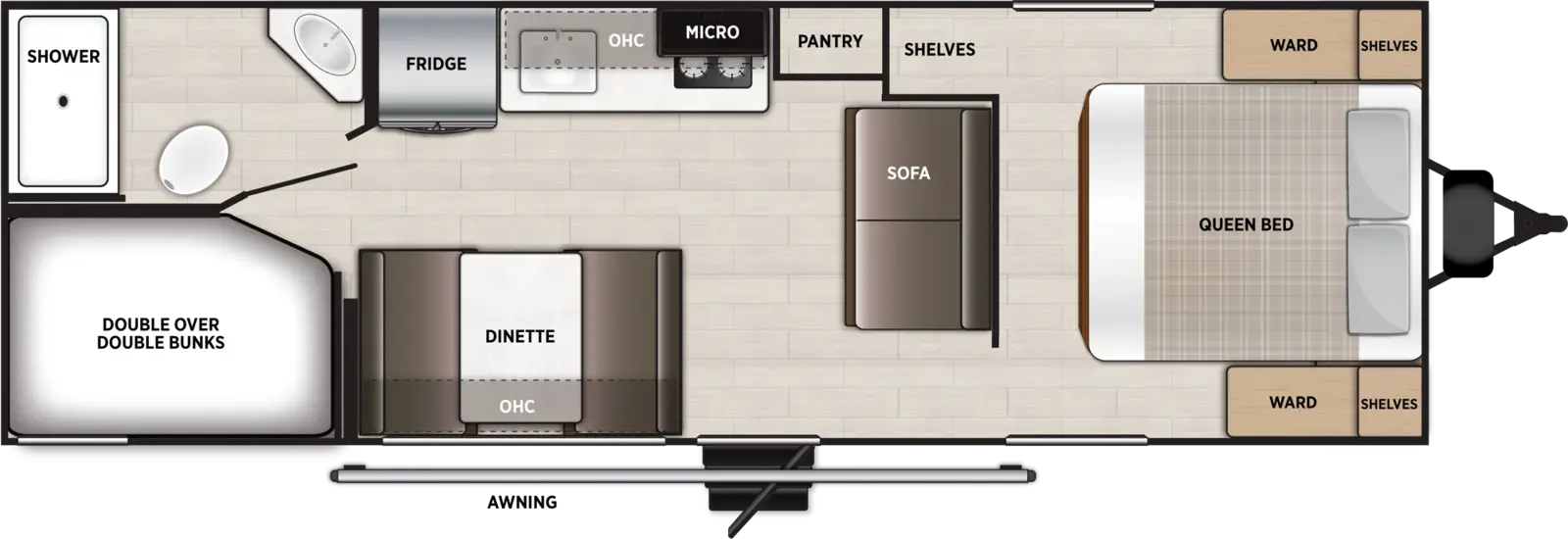 The Wildwood FSX 260BHLE floorplan has one entry and zero slide outs. Exterior features include: metal exterior and 12' awning. Interiors features include: bunk beds and front bedroom.