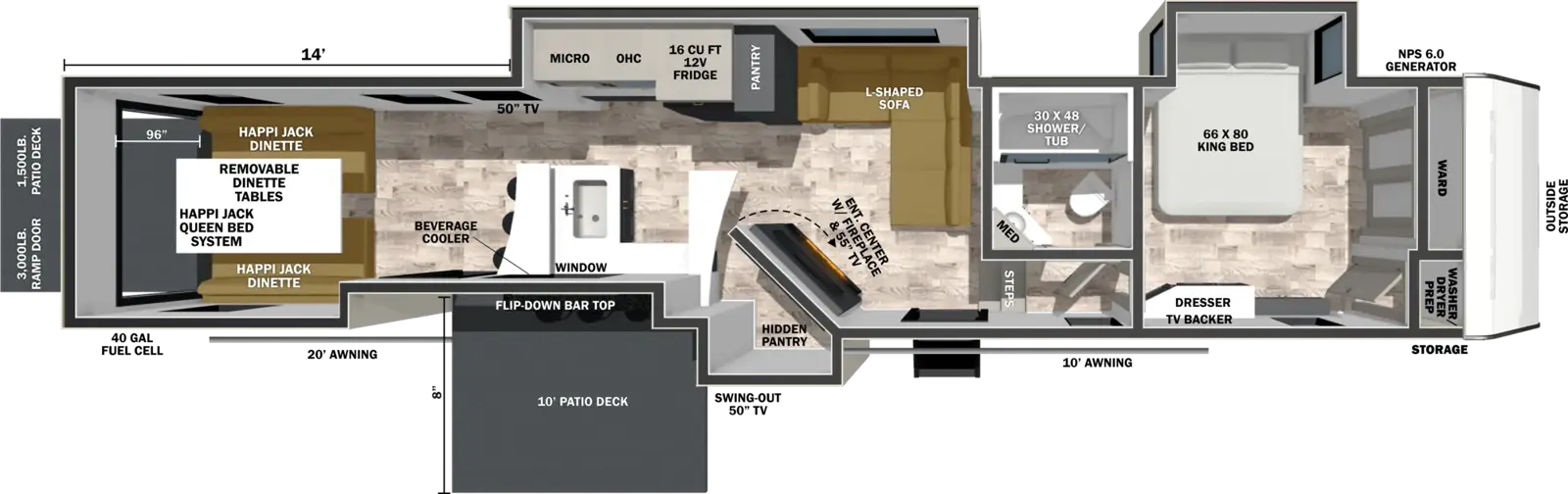 The XLR Nitro 40BAR13 floorplan is a toy hauler that has one entry and three slide outs. Exterior features include: fiberglass exterior and 20' & 10' awning. Interiors features include: front bedroom.