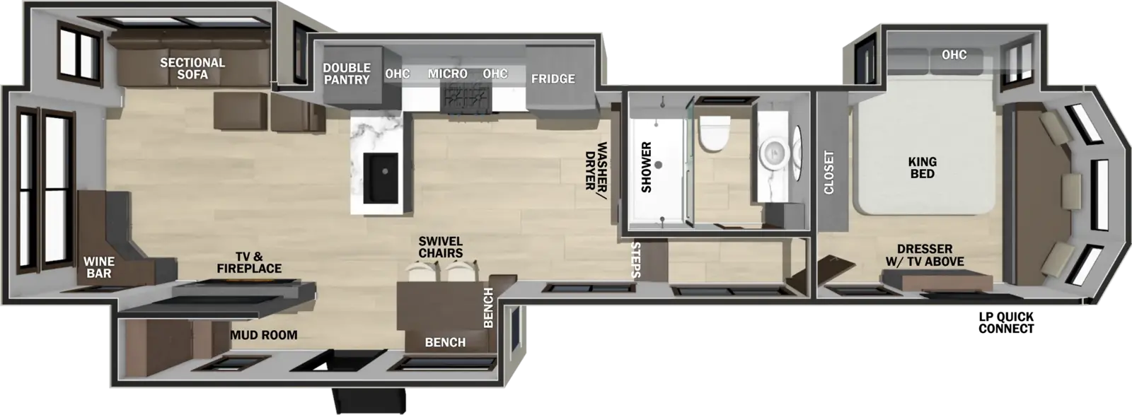 The Cedar Creek Cottage Fifth Wheels 412FWC floorplan has one entry and four slide outs. Exterior features include: fiberglass exterior and Optional awning. Interiors features include: front bedroom and rear living.
