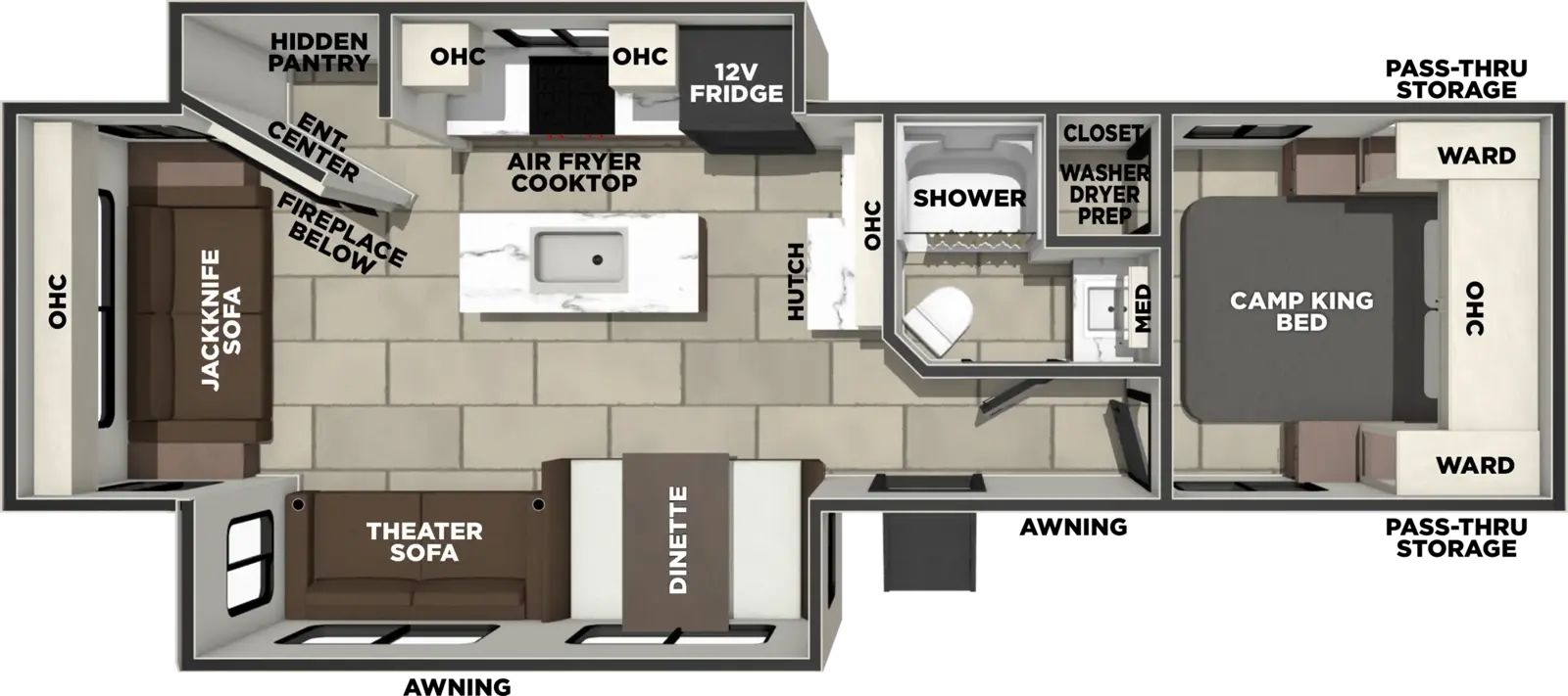 The Tracer 280IK floorplan has one entry and two slide outs. Exterior features include: fiberglass exterior. Interiors features include: kitchen island, front bedroom and rear living.