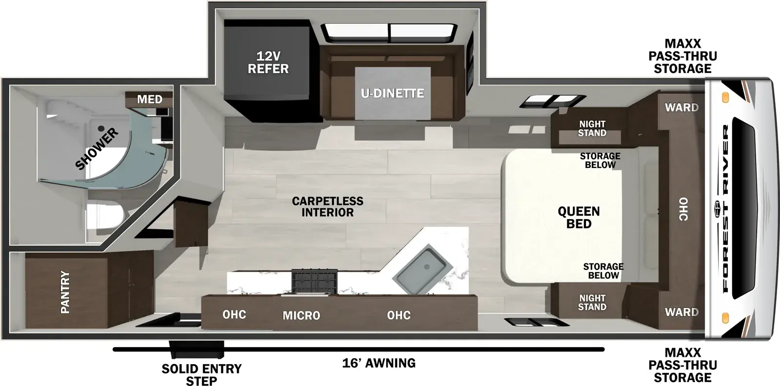 The Wildcat Travel Trailers 220BATH floorplan has one entry and one slide out. Exterior features include: fiberglass exterior and 16' awning. Interiors features include: u-dinette and front bedroom.