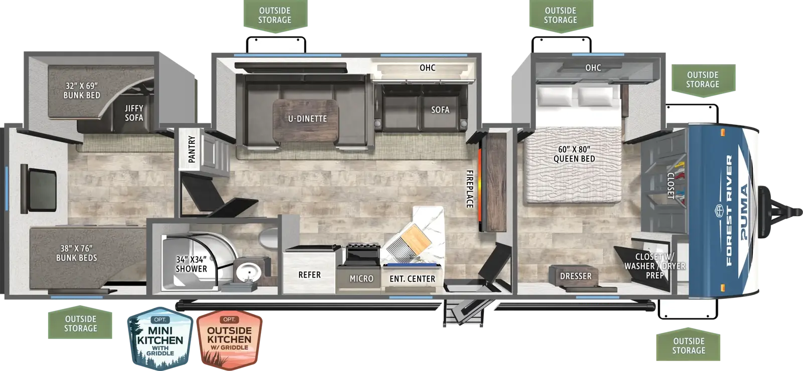 The Puma 32RBFQ floorplan has one entry and three slide outs. Exterior features include: metal exterior, 21' awning and outside kitchen. Interiors features include: bunk beds, u-dinette and front bedroom.