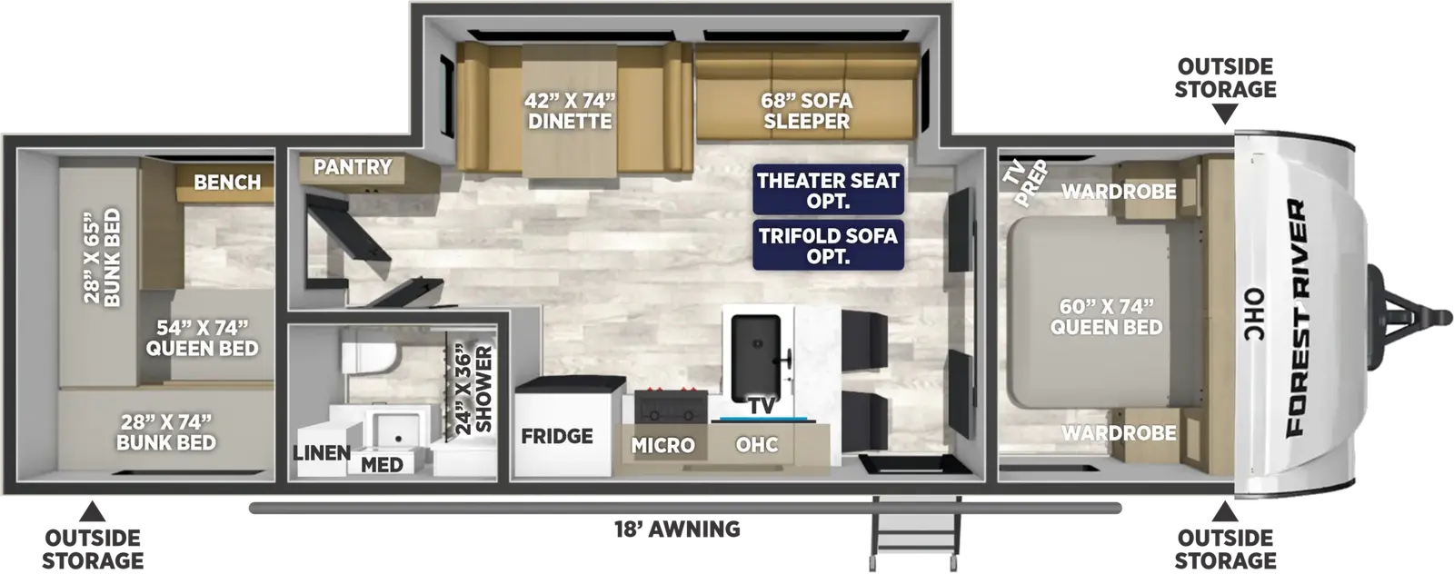 The Puma Tracks 303BHTB floorplan has one entry and one slide out. Exterior features include: fiberglass exterior and 18' awning. Interiors features include: bunk beds, front bedroom, rear bedroom and two bedrooms.