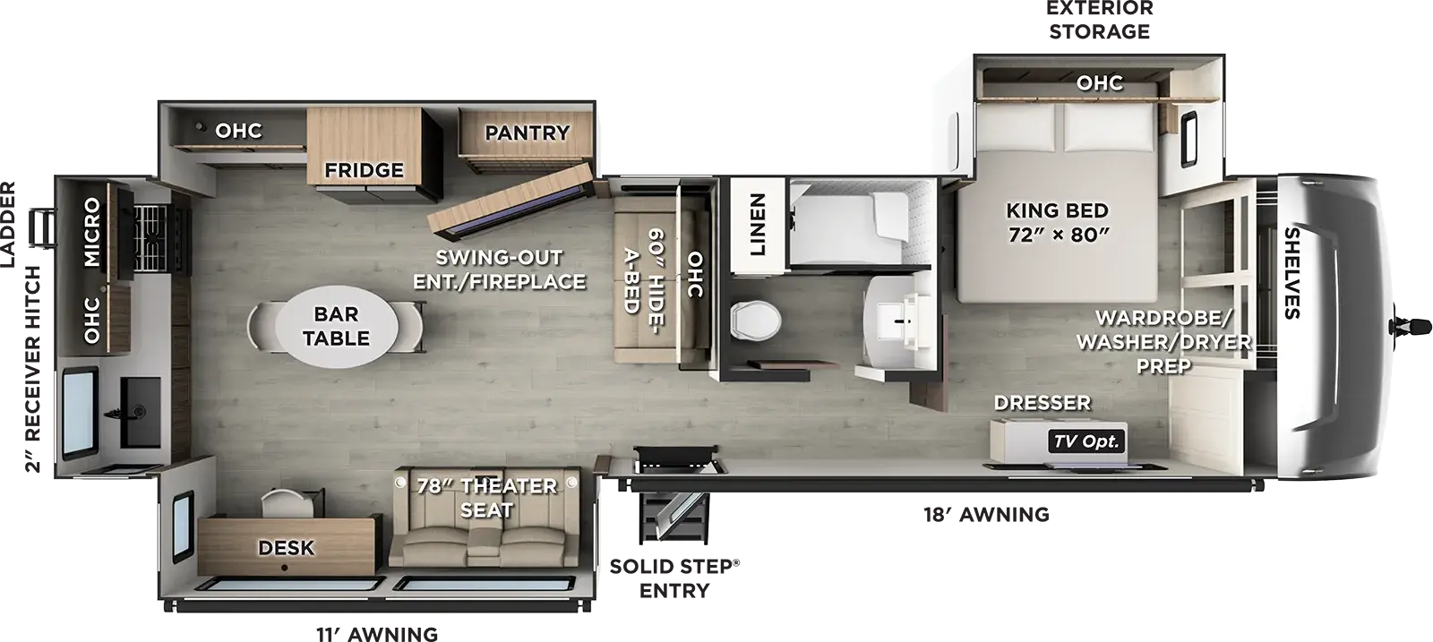 The Rockwood Signature Travel Trailers 8393RK floorplan has one entry and three slide outs. Exterior features include: fiberglass exterior and 11' & 18' awning. Interiors features include: rear kitchen and front bedroom.