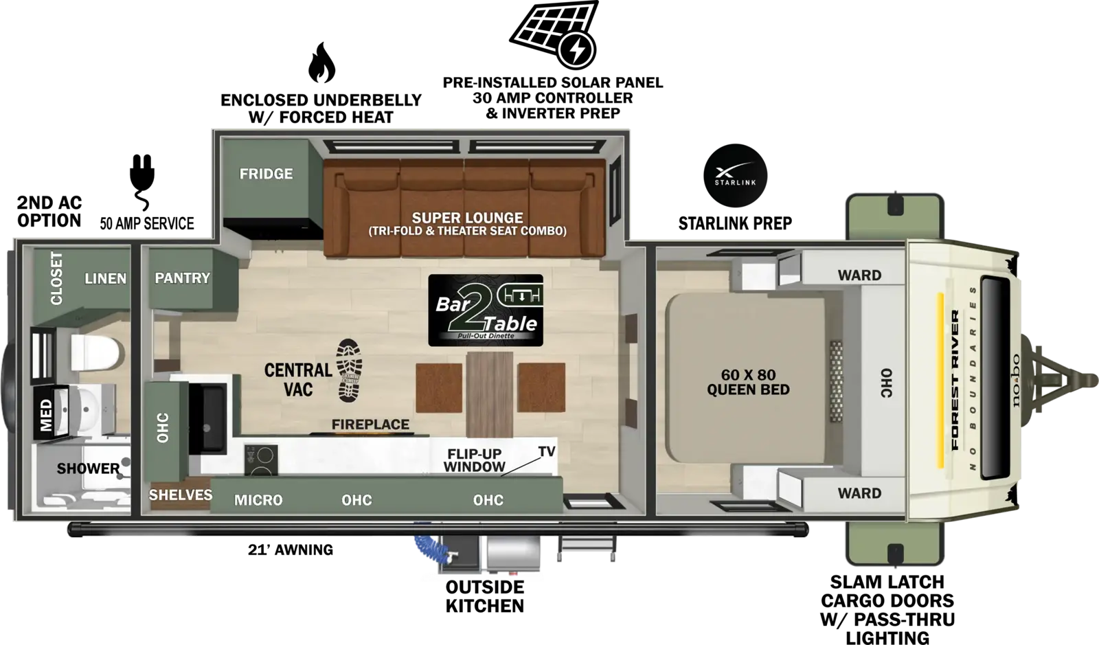 The No Boundaries NB21.0 floorplan has one entry and one slide out. Exterior features include: fiberglass exterior, 21' awning and outside kitchen. Interiors features include: front bedroom and rear bathroom.