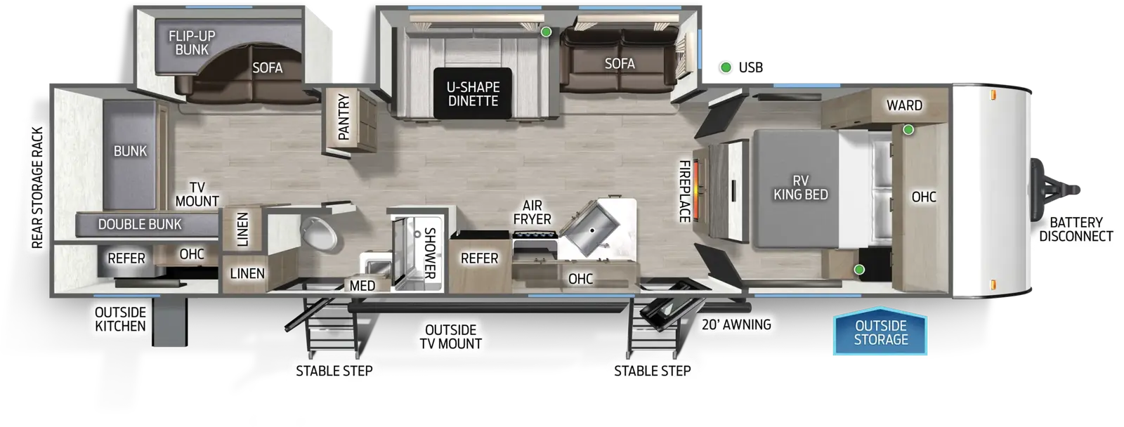 The Cascade 311BRFGC floorplan has two entries and two slide outs. Exterior features include: fiberglass exterior, 20' awning and outside kitchen. Interiors features include: bunk beds, u-dinette and front bedroom.