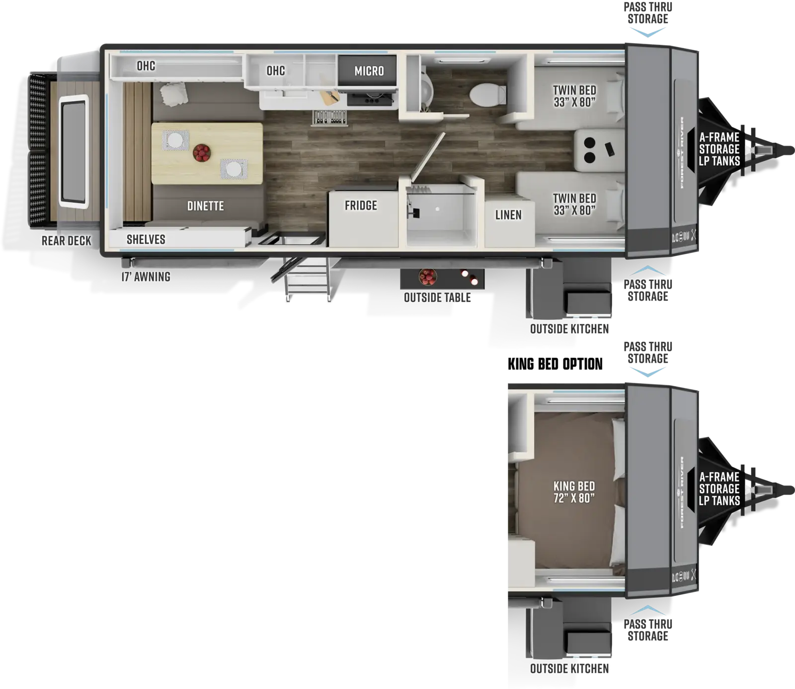 The Pause 22.4 floorplan has one entry and zero slide outs. Exterior features include: fiberglass exterior, 17' awning and outside kitchen. Interiors features include: front bedroom.