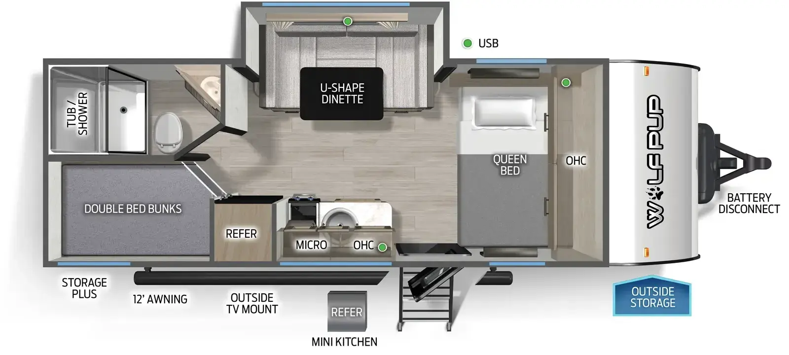 The Wolf Pup 17JW floorplan has one entry and one slide out. Exterior features include: metal exterior, 12' awning and outside kitchen. Interiors features include: bunk beds, u-dinette and front bedroom.