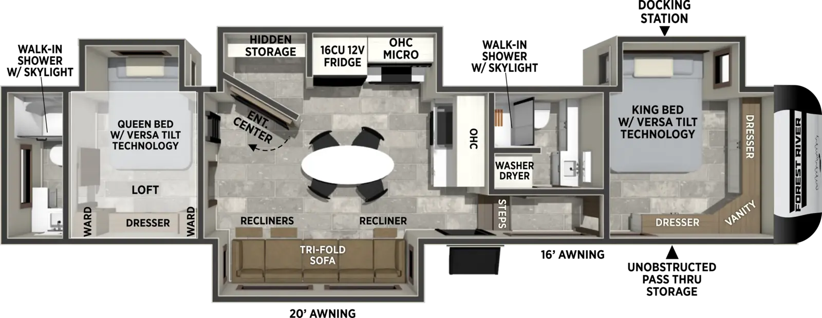 The Impression 372DUO floorplan has one entry and four slide outs. Exterior features include: fiberglass exterior and 20' & 16' awning. Interiors features include: loft, kitchen island, front bedroom, two bedrooms, rear bathroom and two full bathrooms.
