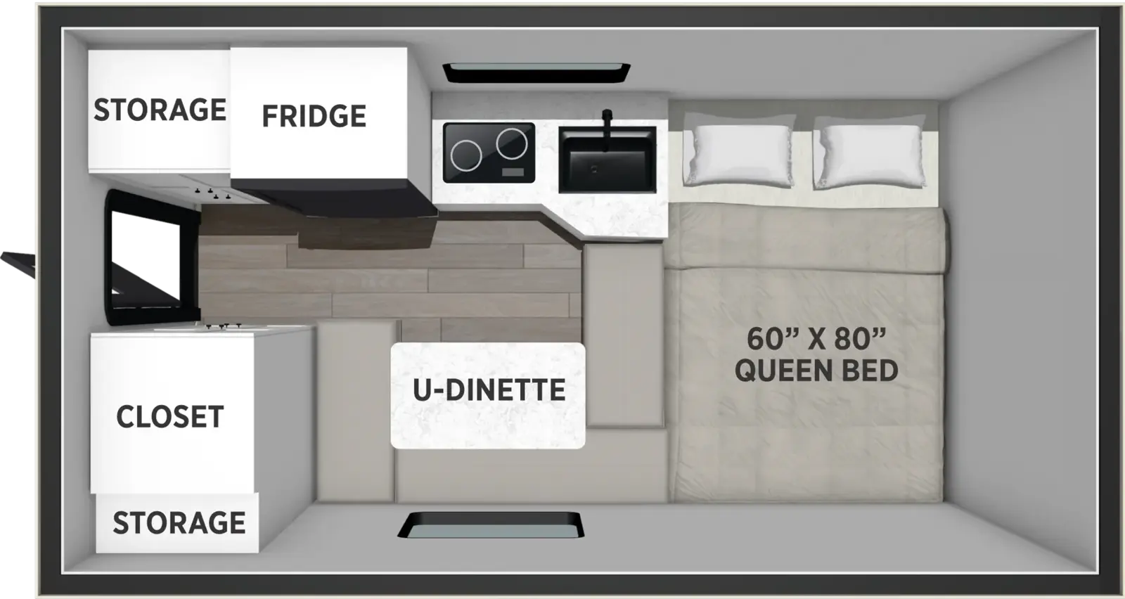 The Real-Lite Truck Camper SS-1605 floorplan features include: 