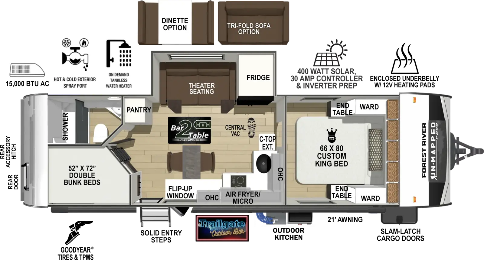 The Un-Mapped 26BH floorplan has one entry and one slide out. Exterior features include: fiberglass exterior, 21' awning and outside kitchen. Interiors features include: bunk beds and front bedroom.