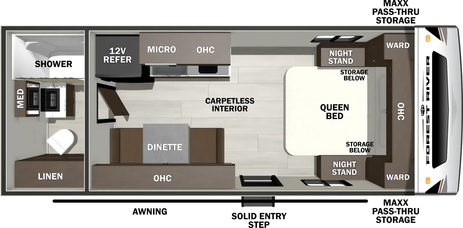 The Wildcat Travel Trailers 160BATH floorplan has one entry and one slide out. Exterior features include: fiberglass exterior and 12' awning. Interiors features include: front bedroom and rear bathroom.