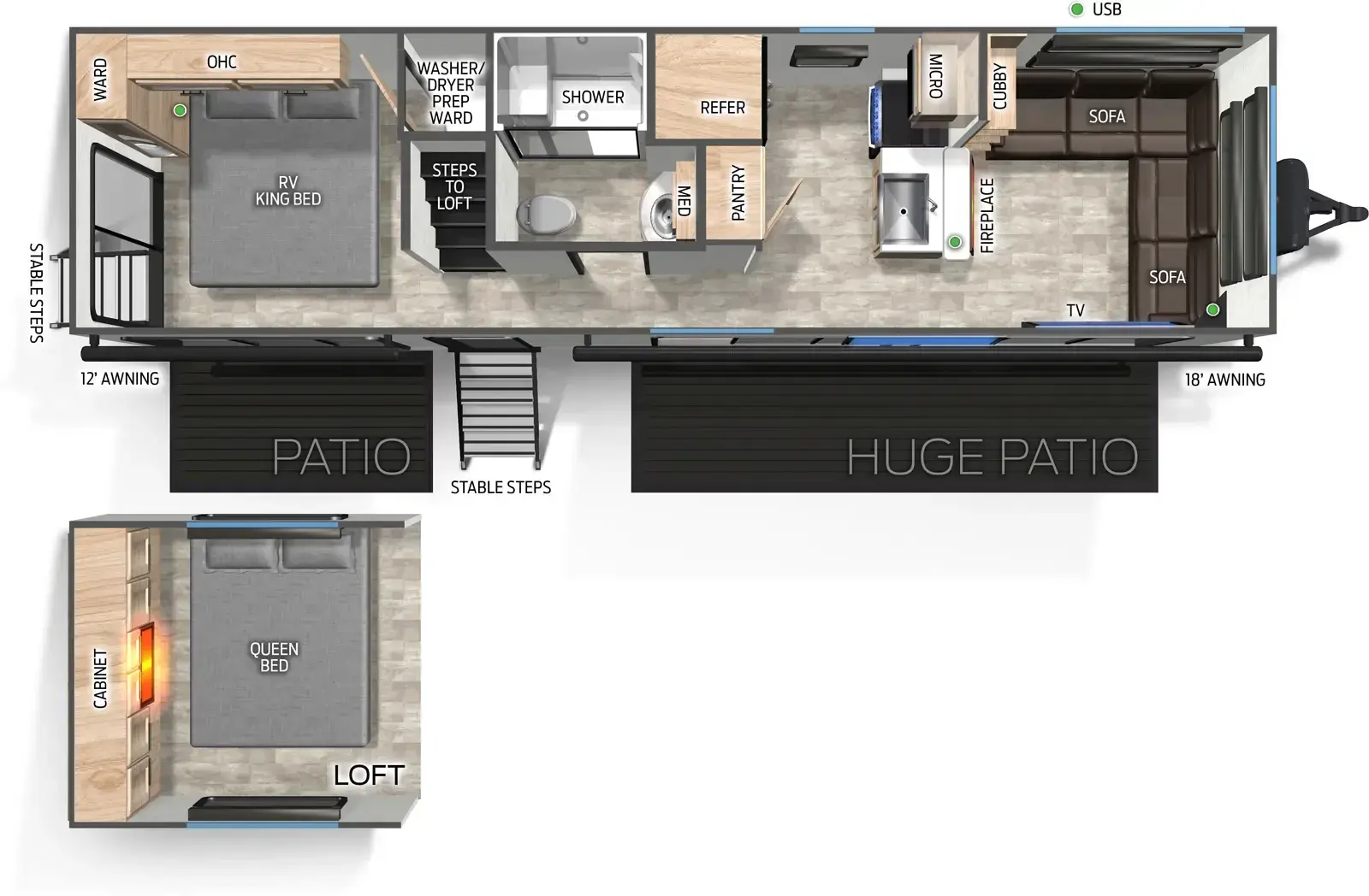 The Cherokee Black Label 27MDKBL floorplan has two entries and zero slide outs. Exterior features include: fiberglass exterior and 12' & 18' awning. Interiors features include: loft, rear bedroom, two bedrooms and front living.