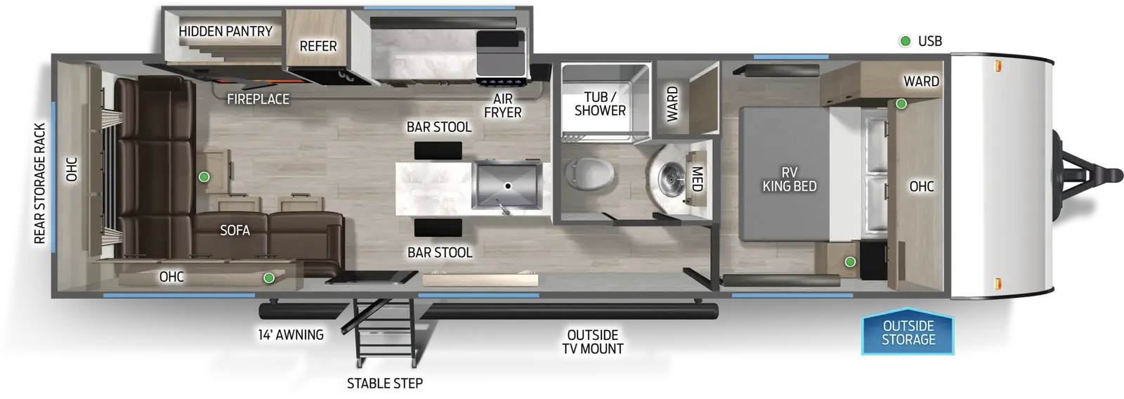 The Cascade 271RLFGC floorplan has one entry and one slide out. Exterior features include: fiberglass exterior and 14' awning. Interiors features include: front bedroom and rear living.