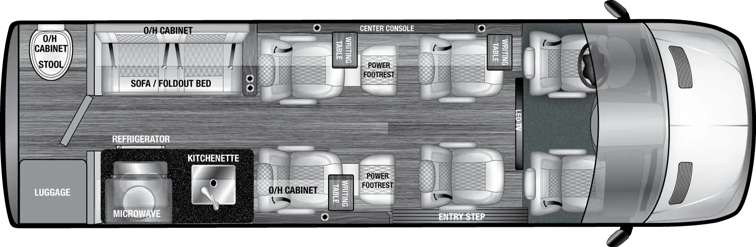 The VCRUISE 8DB floorplan has one entry and zero slide outs. Exterior features include: 8' 2" awning. Interiors features include: rear bathroom and captain chairs.