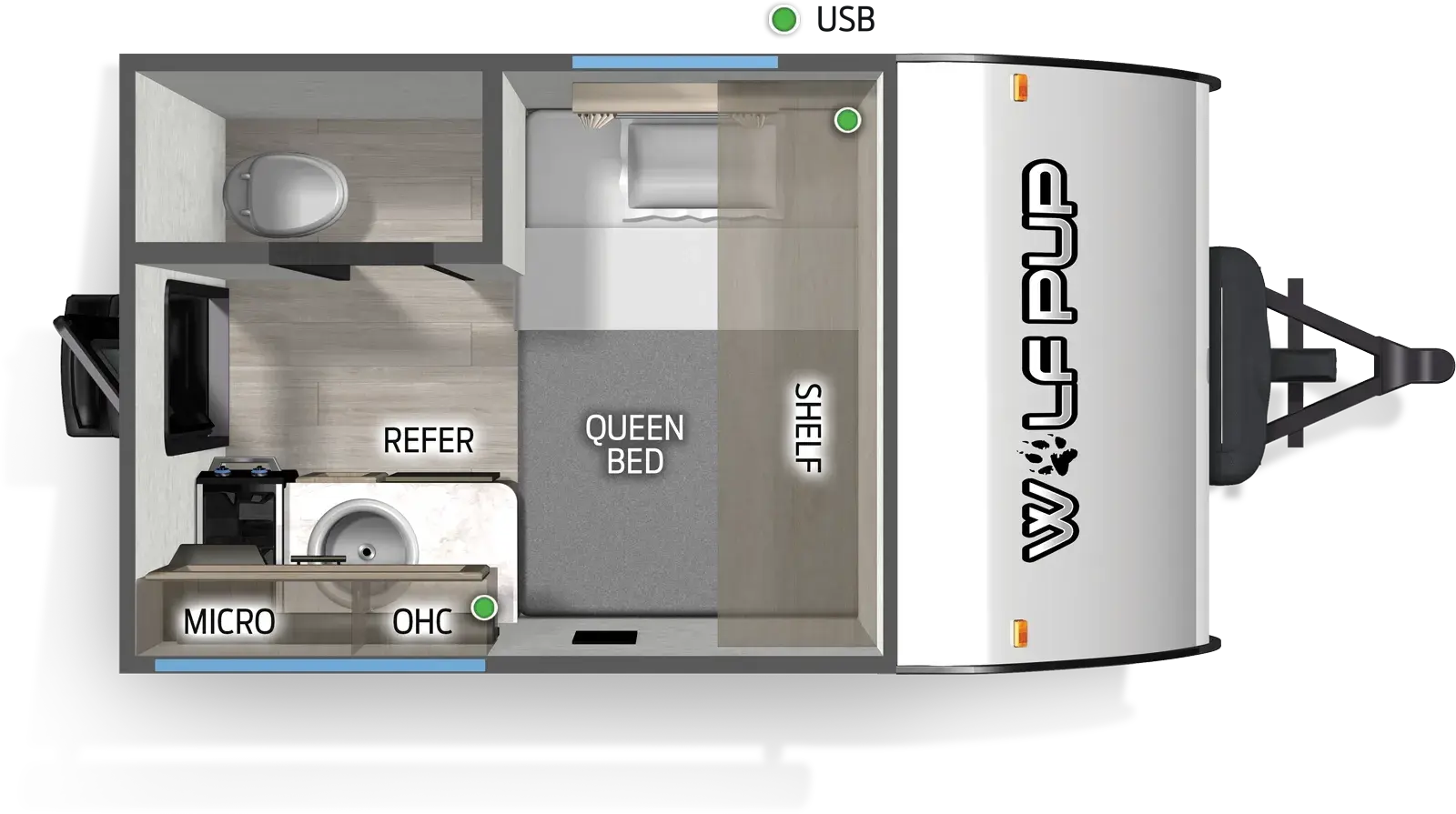 The Wolf Pup 9CELP floorplan has one entry and zero slide outs. Exterior features include: metal exterior. Interiors features include: front bedroom.