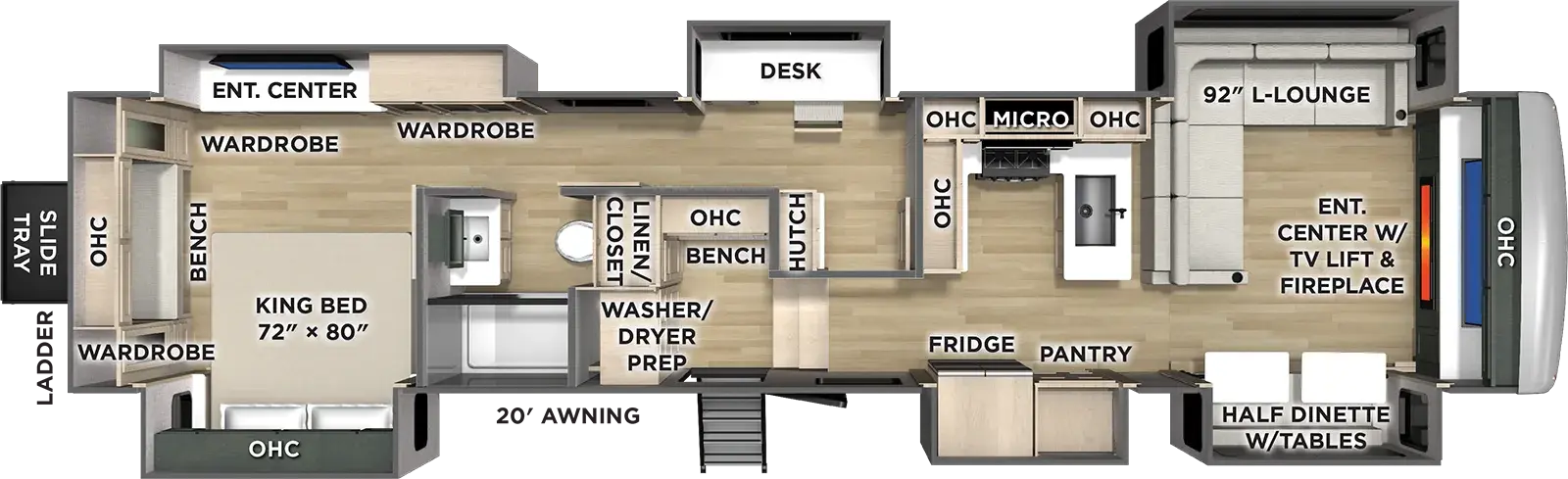 The River Ranch 396FLL floorplan has one entry and six slide outs. Exterior features include: fiberglass exterior and 20' awning. Interiors features include: rear bedroom and front living.