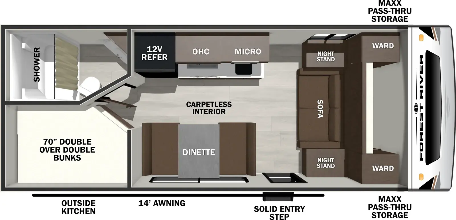 The Wildcat Travel Trailers 170DBEDS floorplan has one entry and zero slide outs. Exterior features include: fiberglass exterior, 14' awning and outside kitchen. Interiors features include: bunk beds and murphy bed.