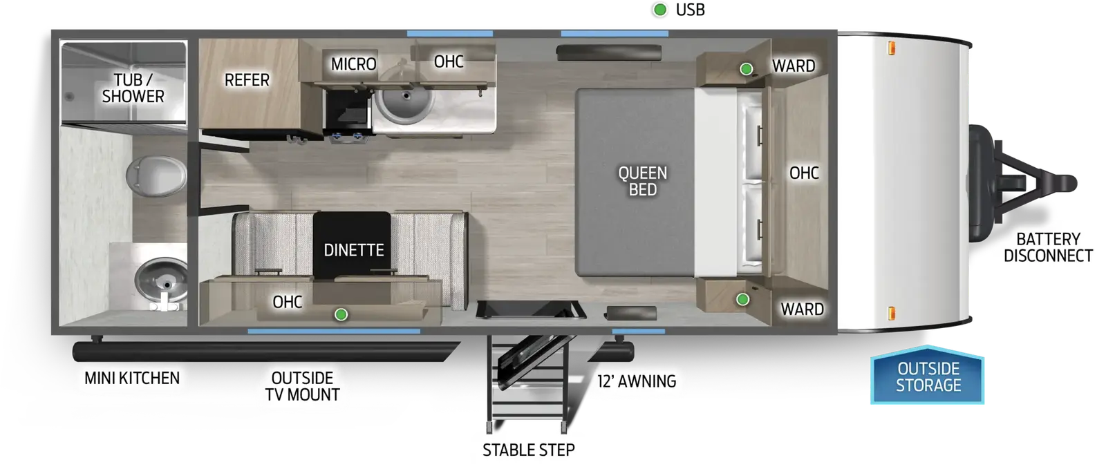 The Cascade 161RBFGC floorplan has one entry and zero slide outs. Exterior features include: fiberglass exterior, 12' awning and outside kitchen. Interiors features include: front bedroom and rear bathroom.