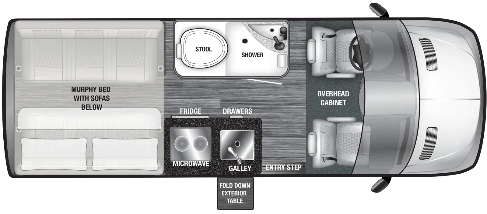 The VTOUR 144 2MB4 floorplan has one entry and zero slide outs. Exterior features include: 8' 2" awning. Interiors features include: murphy bed.