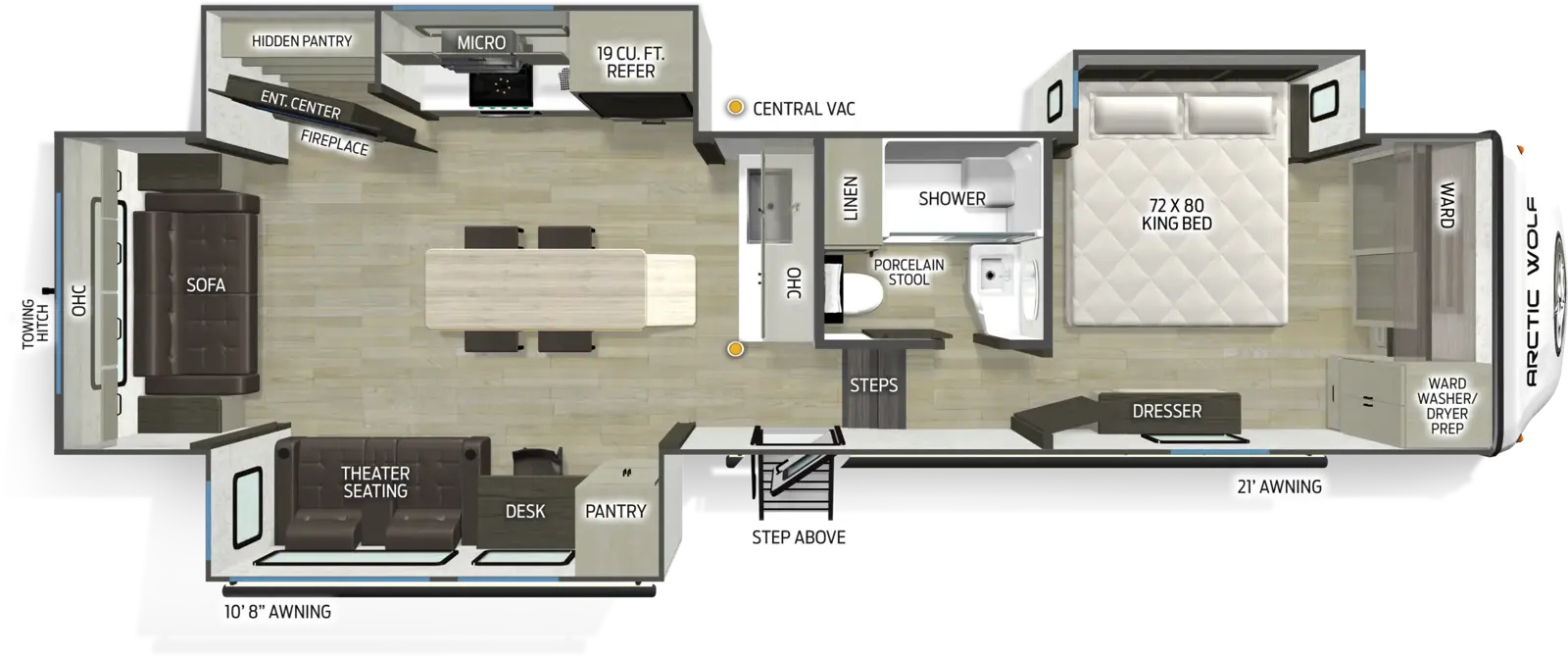 The Arctic Wolf 33IBAR floorplan has one entry and three slide outs. Exterior features include: fiberglass exterior and 10'8" & 21' awning. Interiors features include: kitchen island, front bedroom and rear living.