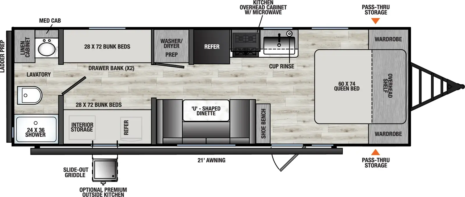 The Viking Travel Trailers 25QBH floorplan has one entry and zero slide outs. Exterior features include: metal exterior, 21' awning and outside kitchen. Interiors features include: bunk beds, u-dinette, front bedroom and rear bathroom.
